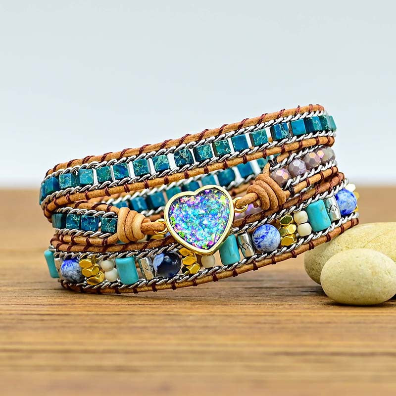 Wholesale Boho Style Love Color Blue Opal Cowhide Braided Bracelet